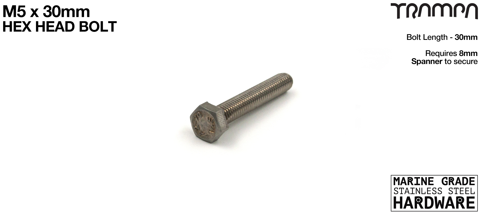 M5 x 30mm HEX Head Bolt - Fixes Trucks to decks - Marine Grade Stainless steel with locking paste