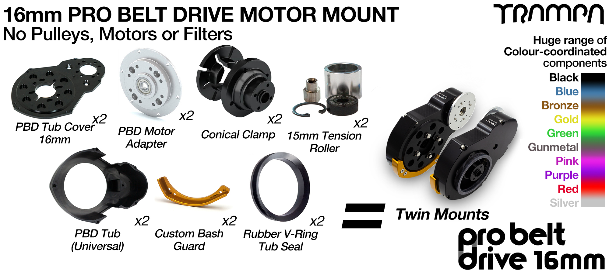 16mm PRO BELT DRIVE Motor Mounts - NO Pulleys NO Filters & NO Motors