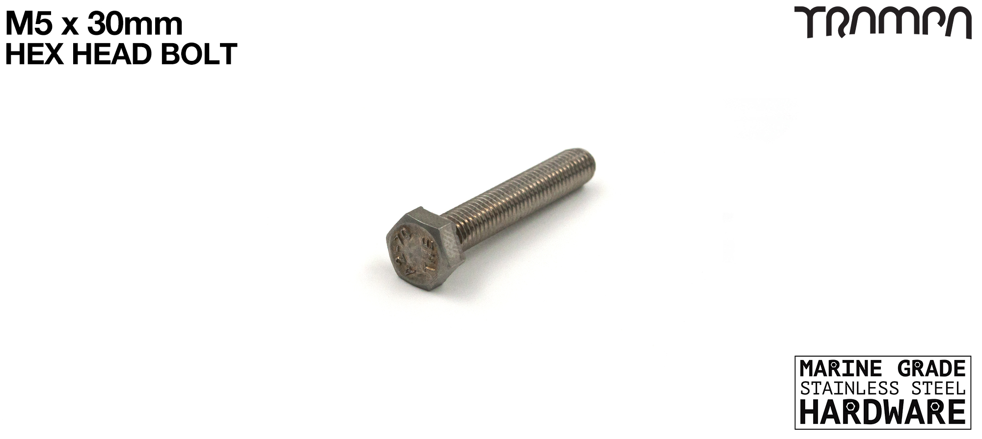 M5 x 30mm HEX Head Bolt - Fixes Trucks to decks - Marine Grade Stainless steel with locking paste